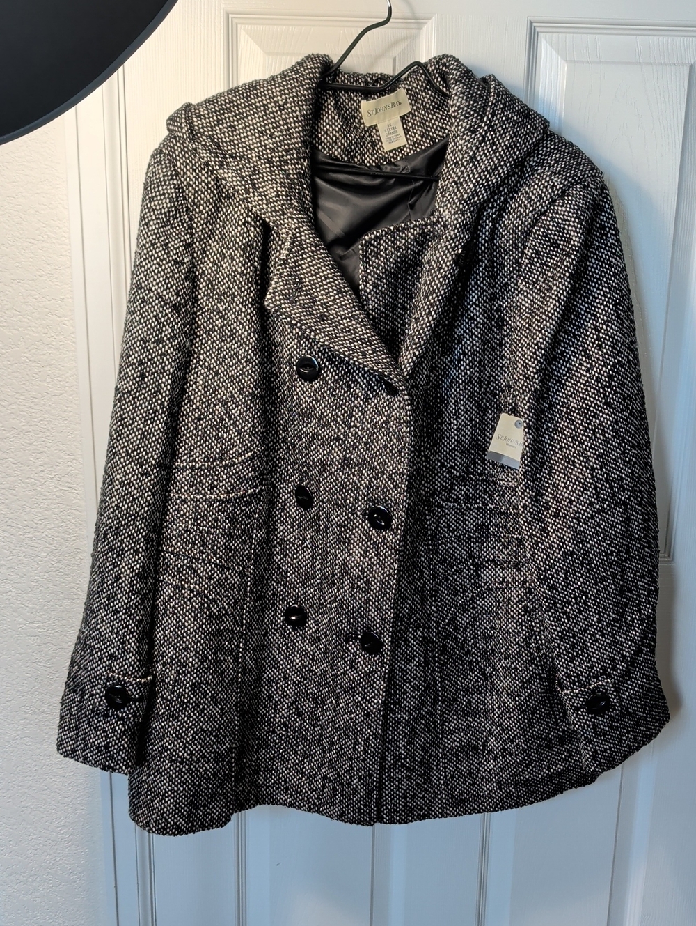 Saint John's Bay Active Black & White Hooded Tweed Pea Coat